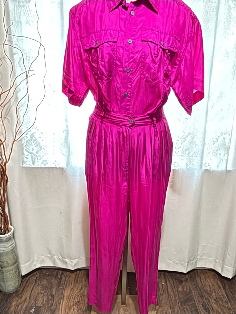 Casual Corner Fuchsia 100% Silk Blouse and Parachute Pants. Vintage 80’s size L